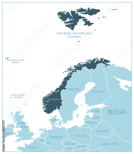 Norway - blue map with neighboring countries and names.
