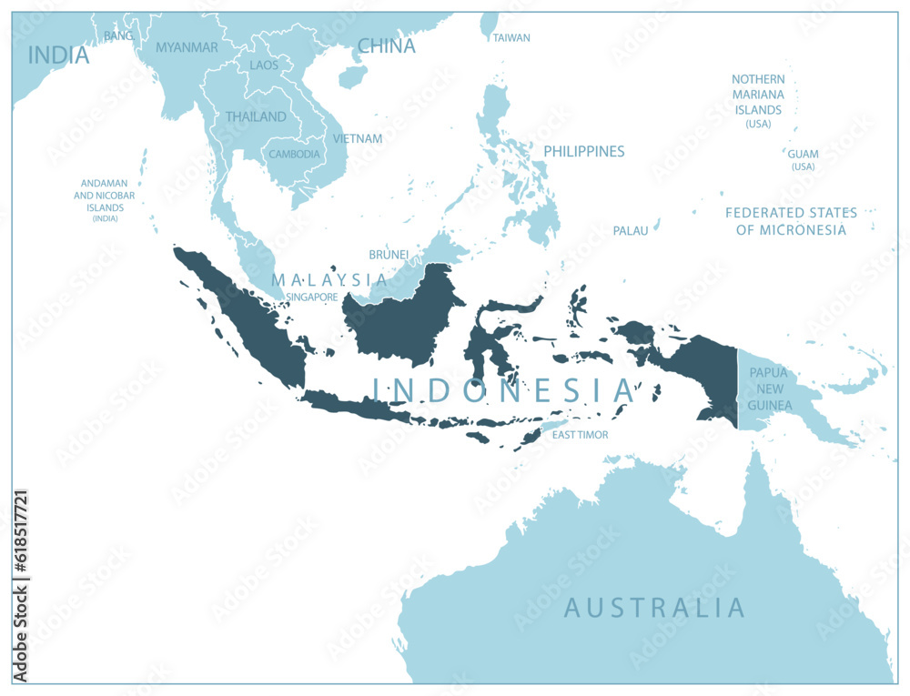 Indonesia - blue map with neighboring countries and names.