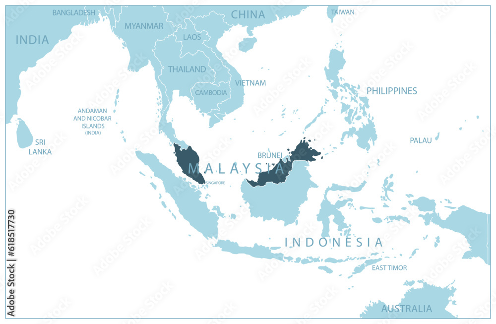 Malaysia - blue map with neighboring countries and names.