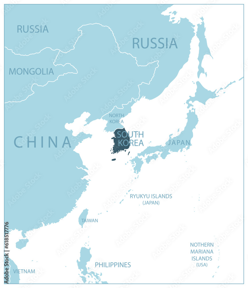 Fototapeta premium South Korea - blue map with neighboring countries and names.