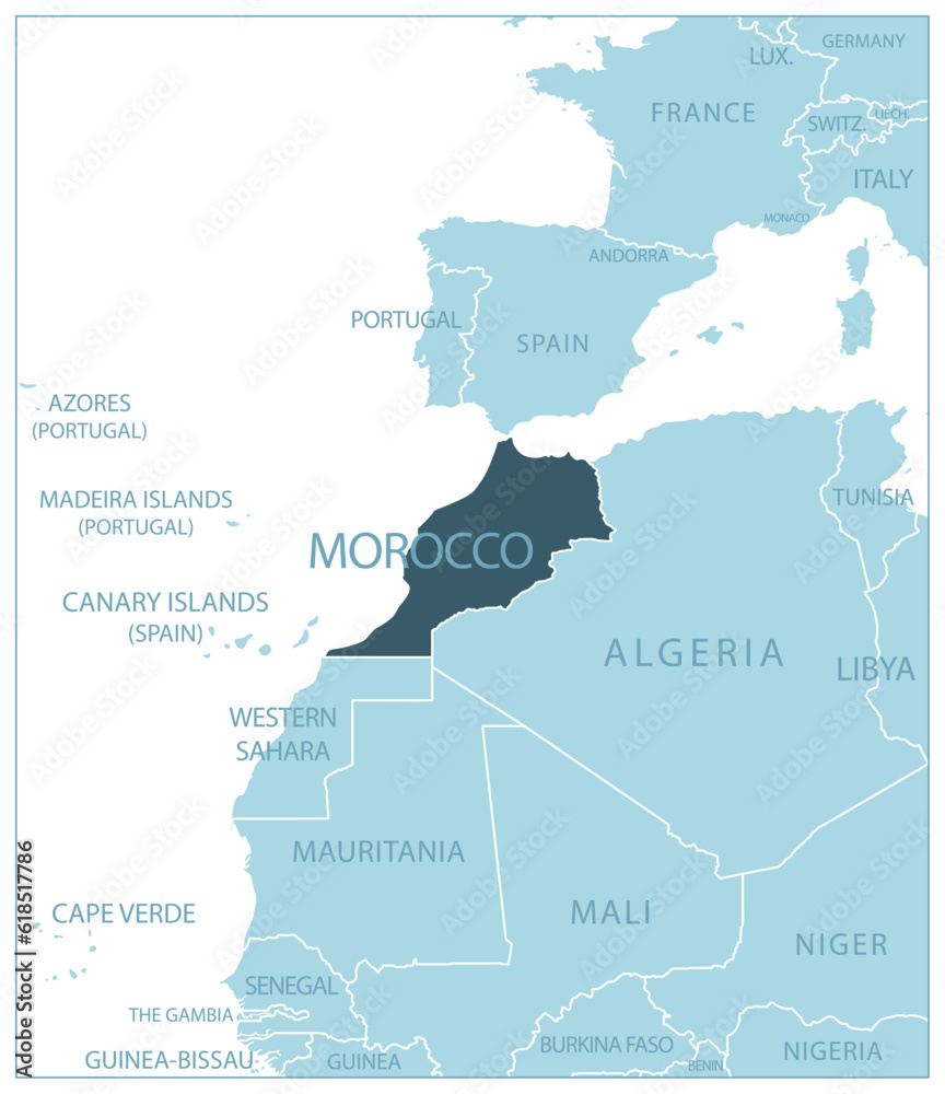 Morocco - blue map with neighboring countries and names.