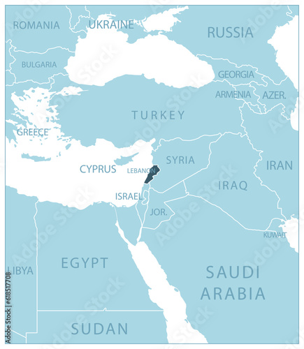 Lebanon - blue map with neighboring countries and names.