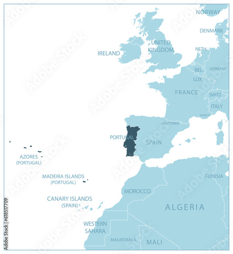 Portugal - blue map with neighboring countries and names.