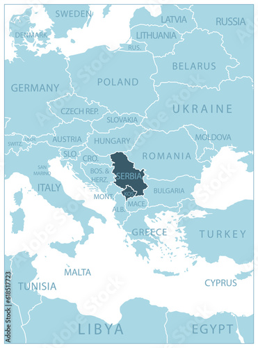 Serbia - blue map with neighboring countries and names.