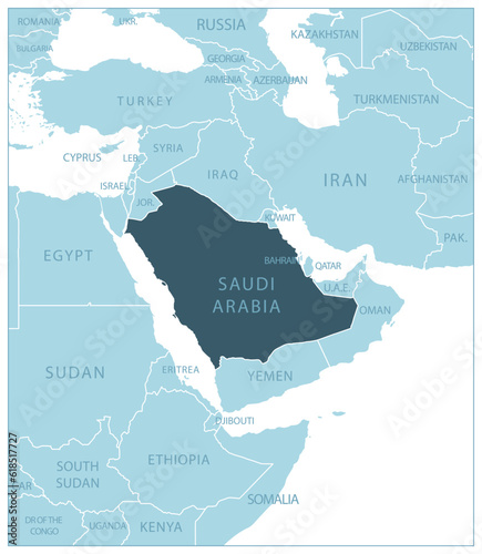 Saudi Arabia - blue map with neighboring countries and names.