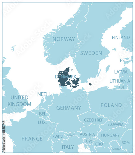 Fototapeta Naklejka Na Ścianę i Meble -  Denmark - blue map with neighboring countries and names.