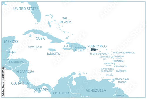 Puerto Rico - blue map with neighboring countries and names.
