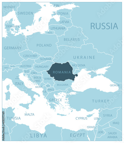 Romania - blue map with neighboring countries and names.