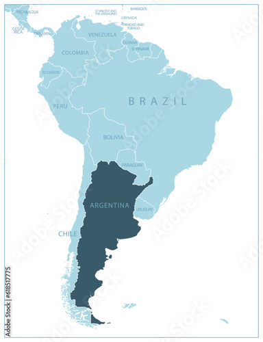 Argentina - blue map with neighboring countries and names.