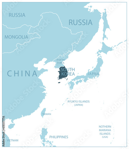 South Korea - blue map with neighboring countries and names.