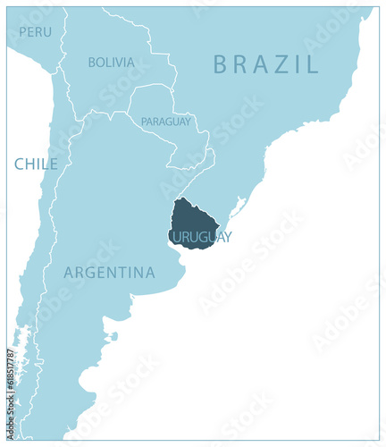 Uruguay - blue map with neighboring countries and names.