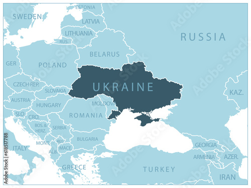 Ukraine - blue map with neighboring countries and names.