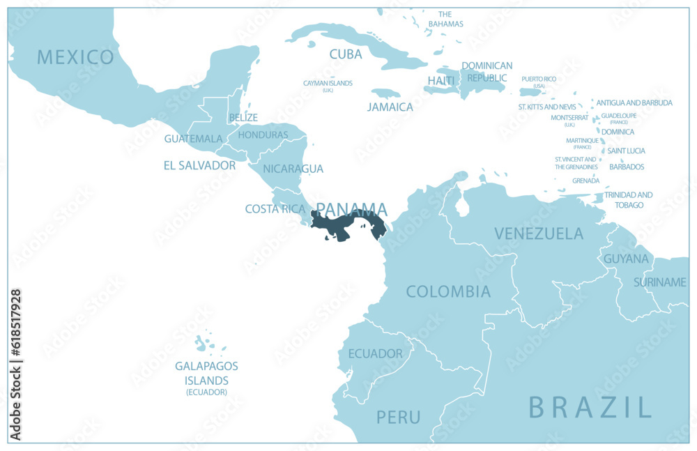 Panama - blue map with neighboring countries and names.