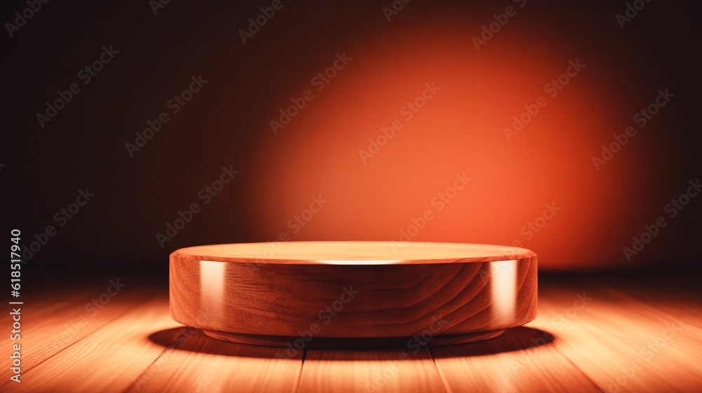 round wooden podium for product display with beautiful light Generative AI round wooden podium for product display with beautiful light Generative AI