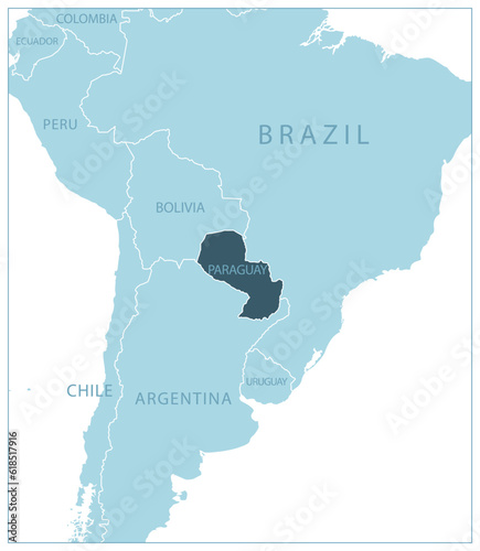 Paraguay - blue map with neighboring countries and names.