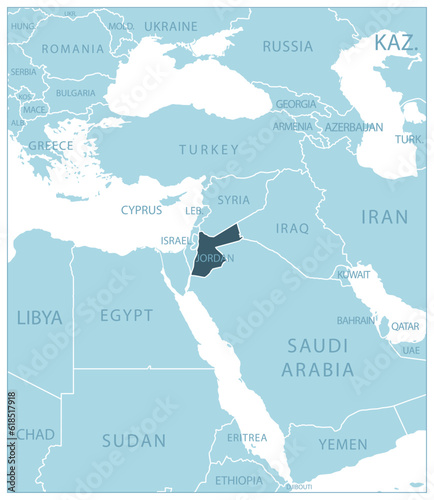 Jordan - blue map with neighboring countries and names.