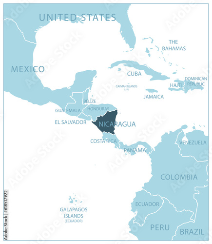 Nicaragua - blue map with neighboring countries and names.