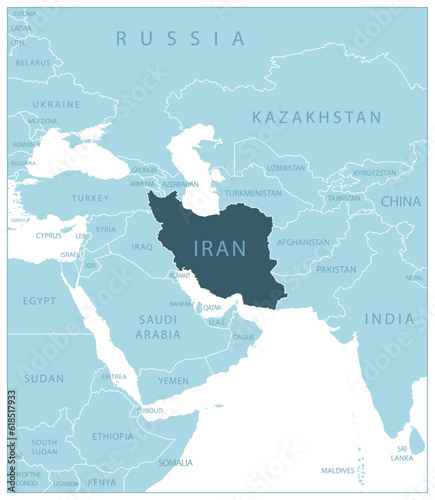 Iran - blue map with neighboring countries and names.