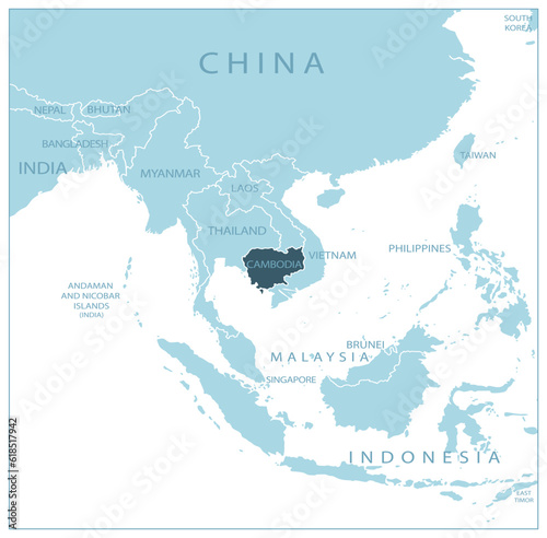 Cambodia - blue map with neighboring countries and names.