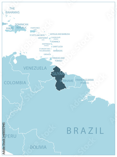 Guyana - blue map with neighboring countries and names.