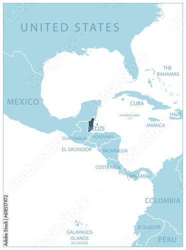 Belize - blue map with neighboring countries and names.