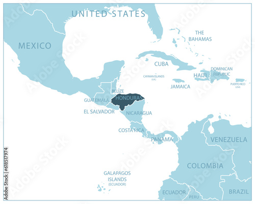 Honduras - blue map with neighboring countries and names.