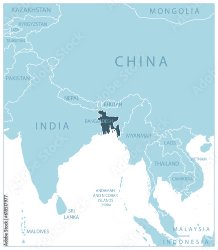 Bangladesh - blue map with neighboring countries and names.