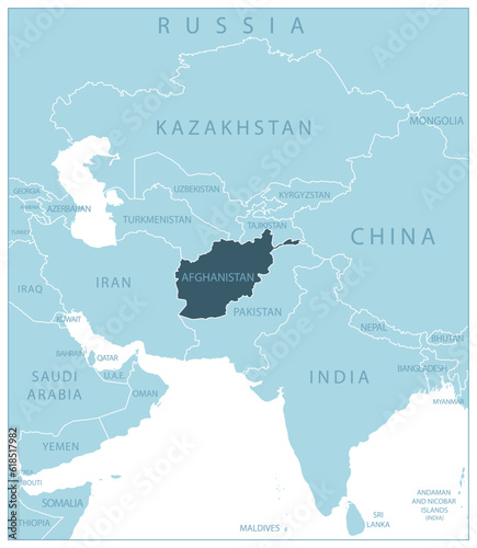 Afghanistan - blue map with neighboring countries and names.
