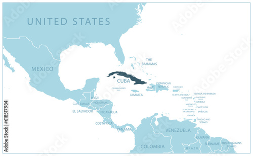 Cuba - blue map with neighboring countries and names.