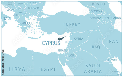 Cyprus - blue map with neighboring countries and names.