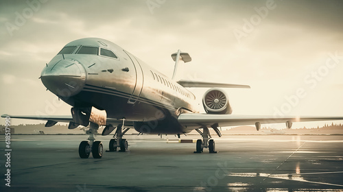 airplane or private jet in sunset; generative AI