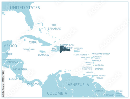 Dominican Republic - blue map with neighboring countries and names.