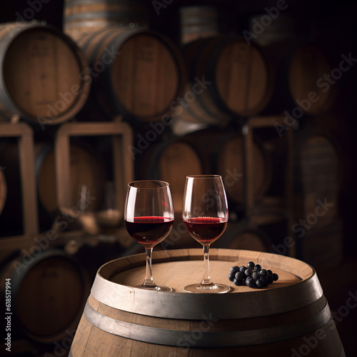 Glasses of red wine on background of wooden oak barrels in cellar of winery