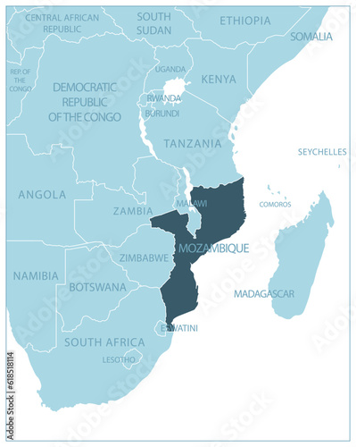 Mozambique - blue map with neighboring countries and names.