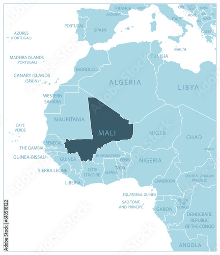 Mali - blue map with neighboring countries and names.