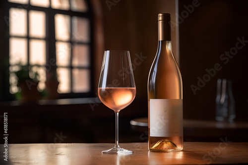 Bottle and glass of white wine on wooden table in the bar