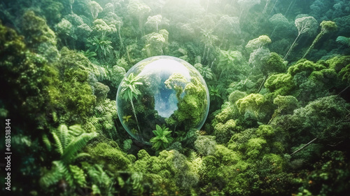 glass globe and drone view of lush green rainforest Generative AI