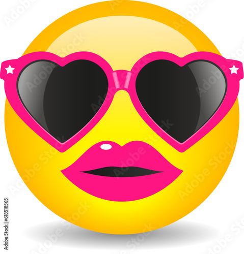 Glamour girl emoji with heart shaped fancy sunglasses, vector cartoon