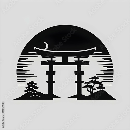 minimalistic black and white logo torii gate spaceship emblem redbackground emoji cartoon style Vintage 