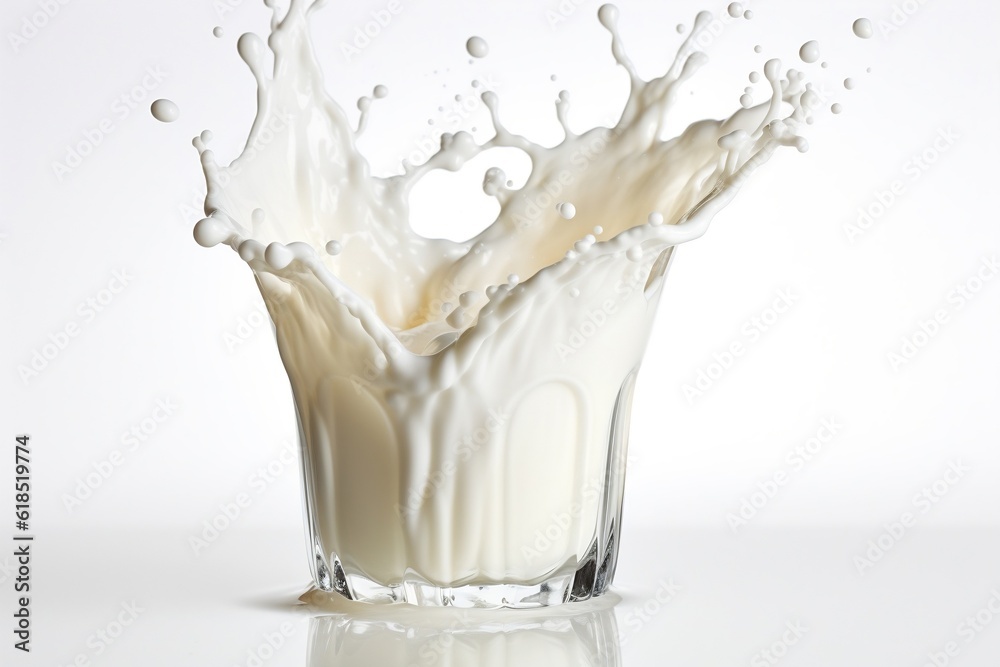 Top view, flat lay. minimalist of milk pouring into a glass on white background. Splash of milk in a white cup on a black background. Generative AI Top view, flat lay. minimalist of milk pouring into a glass on white background. Splash of milk in a white cup on a black background. Generative AI