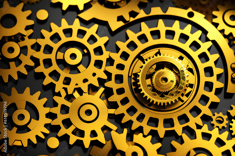 Abstract gold background, fantastic golden metal gears and cogs technology pattern wallpaper. Generative Ai. Abstract gold background, fantastic golden metal gears and cogs technology pattern wallpaper. Generative Ai.