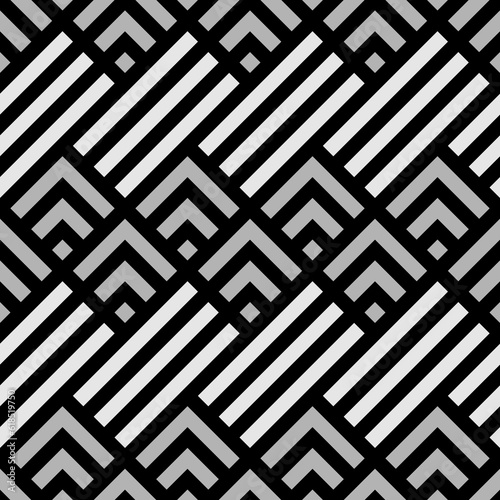 Seamless mountains, arrows, strokes pattern. Repeated chevrons, diamonds, angle brackets, curves, lines background. Ethnic ornament. Ancient window tracery motif. Digital paper, textile print. Vector.