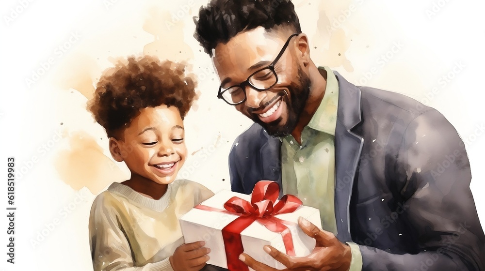 Illustration. Portrait of a father and son holding a gift box against white background. Christmas holiday. Happy family concept. Generative AI Illustration. Portrait of a father and son holding a gift box against white background. Christmas holiday. Happy family concept. Generative AI