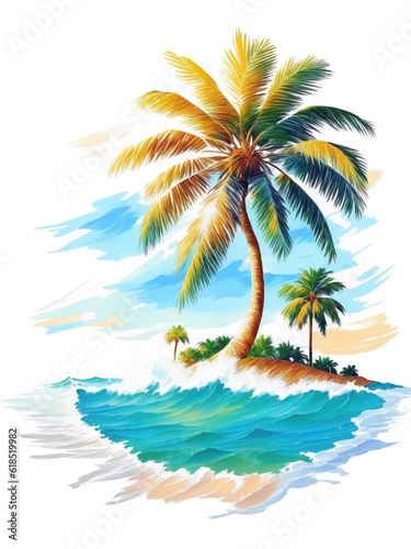 Palm tree on a tropical island with beach and sea waves  flat sticker illustration isolated on white.