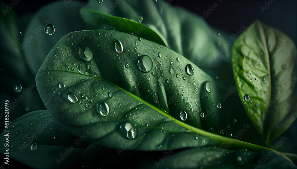 Fototapeta premium Fresh Dew-Kissed Spinach Leaves. Closeup of water drops on fresh deep green baby spinach leaves Ai generated image
