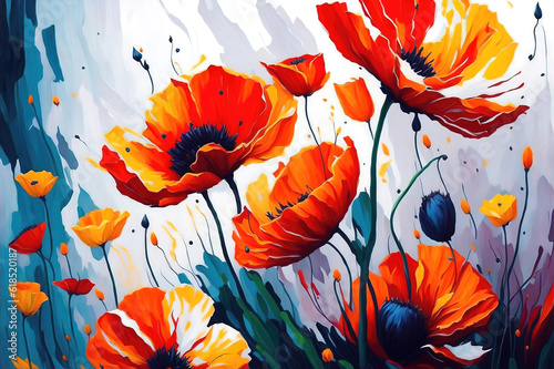 Red poppies watercolor abst...