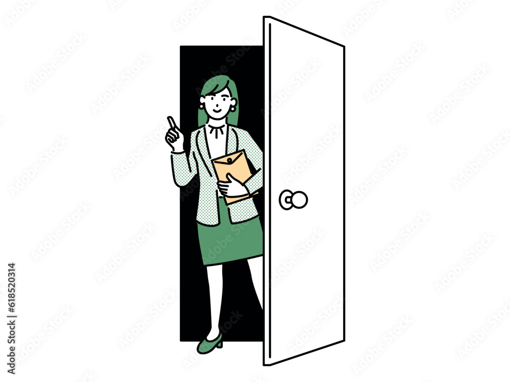 Fototapeta premium Illustration of a business woman standing in a doorway with his finger pointing.