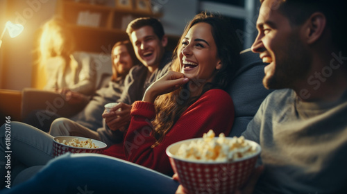 Friends enjoying a movie night at home, snuggled up on the couch with popcorn and laughter filling the room Generative AI