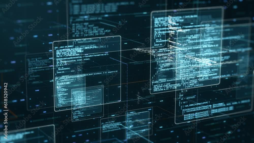abstract network with random programming code, web and software development concept, futuristic technology, digital connectivity, cyber space (3d render)