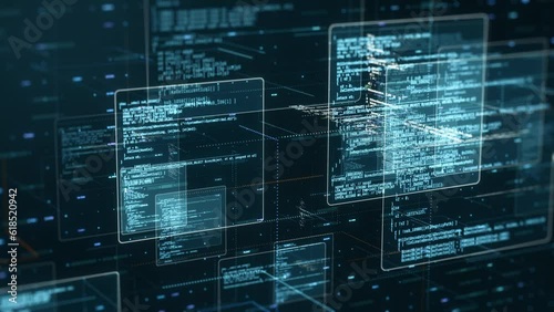 abstract network with random programming code, web and software development concept, futuristic technology, digital connectivity, cyber space (3d render)